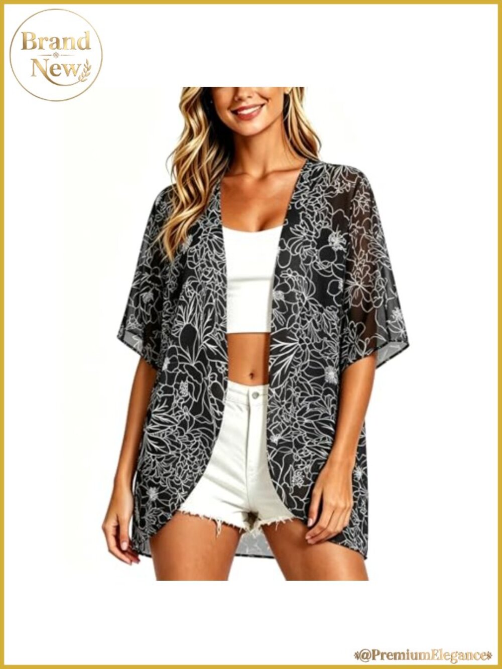 Women's Boho Floral Chiffon Kimono Cardigan Beach Cover Up Puff Sleeve Swimsuit